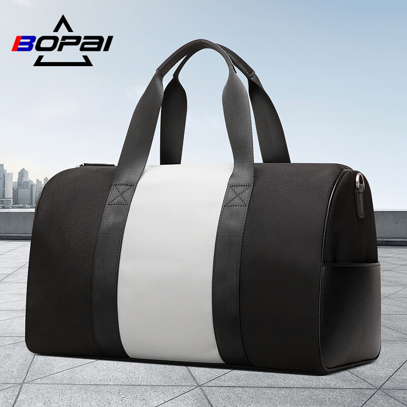 BOPAI博牌手提旅行包男單肩斜挎大容量行李袋短途輕便出差旅游包 黑白色 大